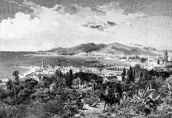 Kilátás nyugatra Malagán, Spanyolországban, a „The festői mediterrán” 3. kötetéből, a Cassell and Co. Ltd. kiadása. alkotó: English School