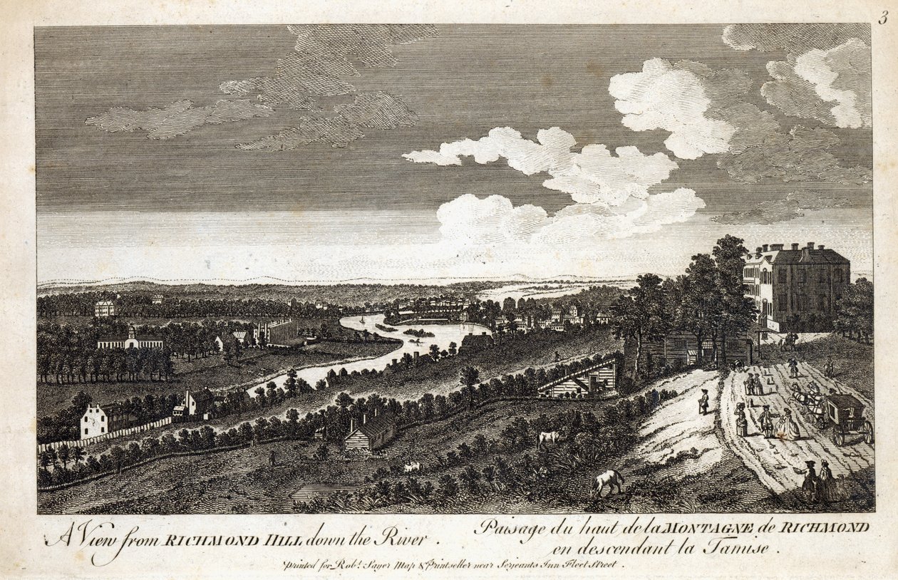 Kilátás a Richmond Hillről lefelé a folyón, nyomtatva Robert Sayer Map und Printseller számára, Fleet Street alkotó: English School