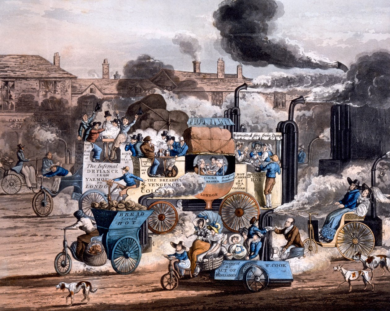 Kilátás a White Chapel Roadon 1830, The Progress of Steam - Aikens Illustration of Modern Prophecy 1828 (kézzel színezett akvatinta) alkotó: English School