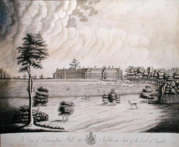 Kilátás a suffolki Helmingham Hallra, Dysart grófjának székhelyére (tinta és szürke mosás papíron) alkotó: English School