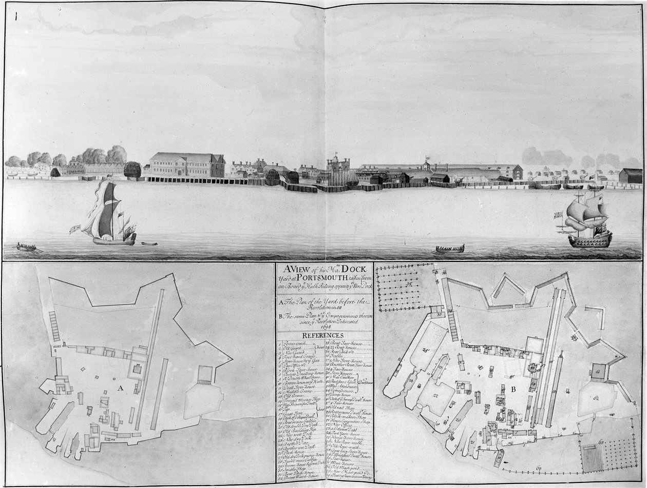 A portsmouthi Őfelségei Dockyard képe a szemközti New Dockról, 1698 alkotó: English School
