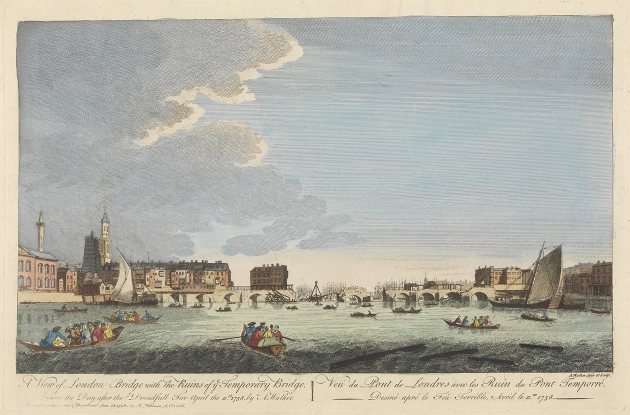 Kilátás a London-hídra az ideiglenes híd romjaival az 1758. április 11-i tűzvész után (színes metszet) alkotó: English School