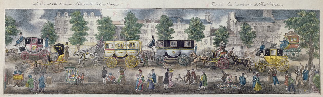 Kilátás Párizs körútjaira az új kocsikkal, 1828 (színes metszet) alkotó: English School