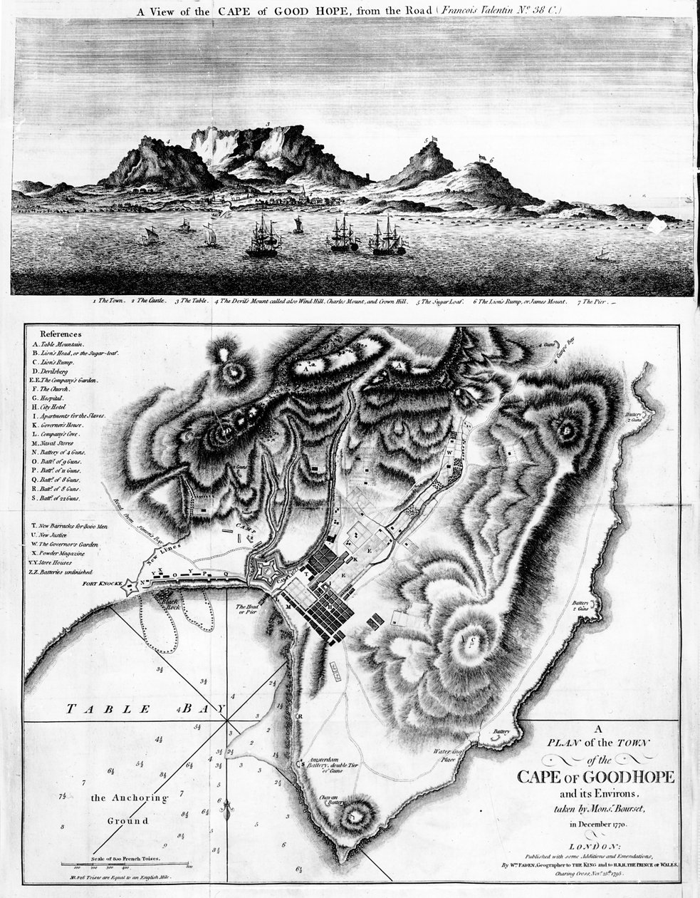 A Jóreménység-fok látképe és a Jóreménység-fok városának és környékének terve, megjelent 1795-ben. alkotó: English School