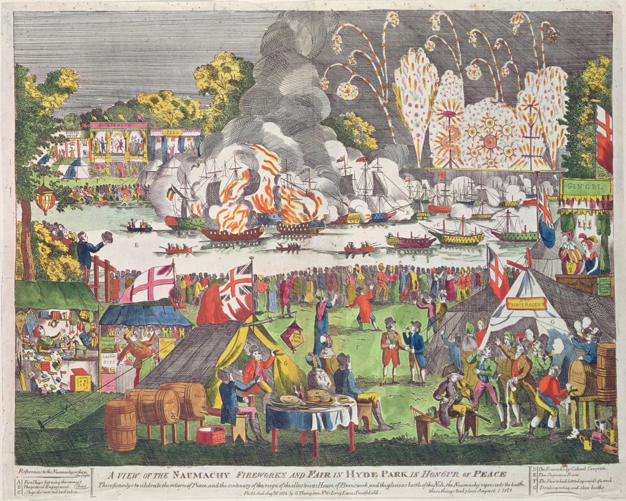 Kilátás a Naumachyra, Tűzijáték és vásár a Hyde Parkban a béke tiszteletére, G. Thompson, 1814 alkotó: English School