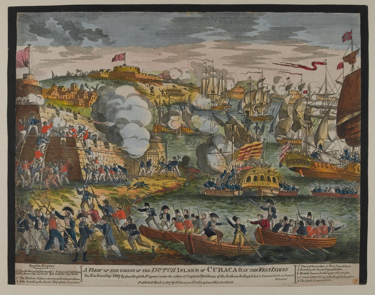 A Nyugat-Indiában található holland Curacao-sziget felvételének képe, 1807. január 1., G. Thompson 1807-ben adta ki (színes fametszet) alkotó: English School