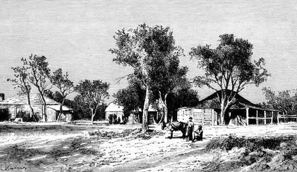 A Village on the Darling Downs, Queensland, Ausztrália, az "Australian Pictures" pubból. a The Religious Tract Society által alkotó: English School