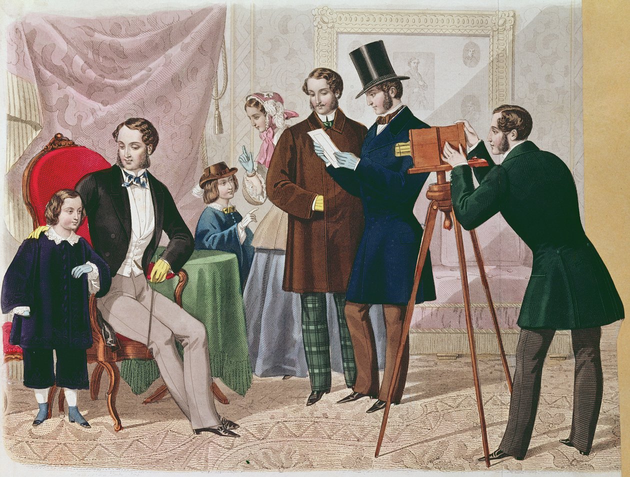 Látogatás a fényképésznél, 1857 (színes metszet) alkotó: English School