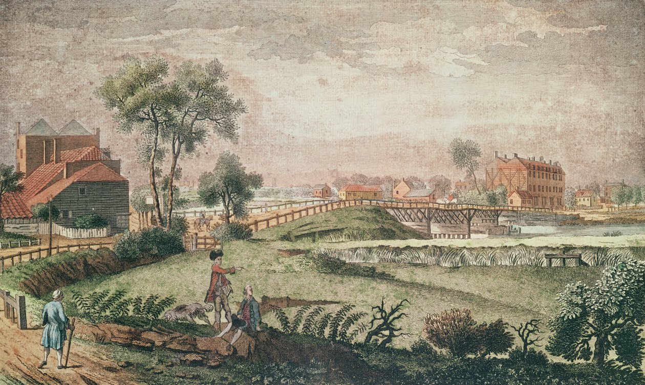 A Chelsea Bridge nyugati képe, 1761 (színes metszet) alkotó: English School