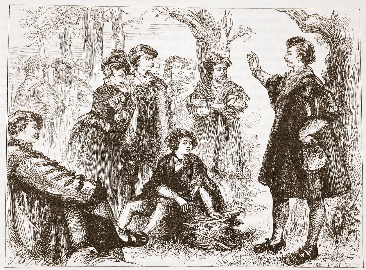 Egy wittembergi diák prédikál a hársfaréten, illusztráció a protestantizmus történetéből, James Aitken Wylie (1808-1890), pub. 1878 alkotó: English School