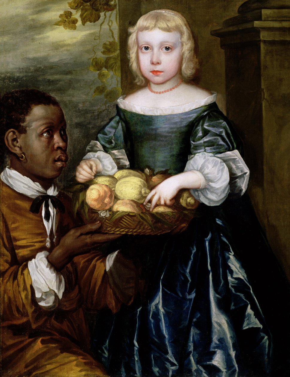 Egy fiatal lánynak egy kosár gyümölcsöt kínál egy szolgáló, 1650 körül alkotó: English School