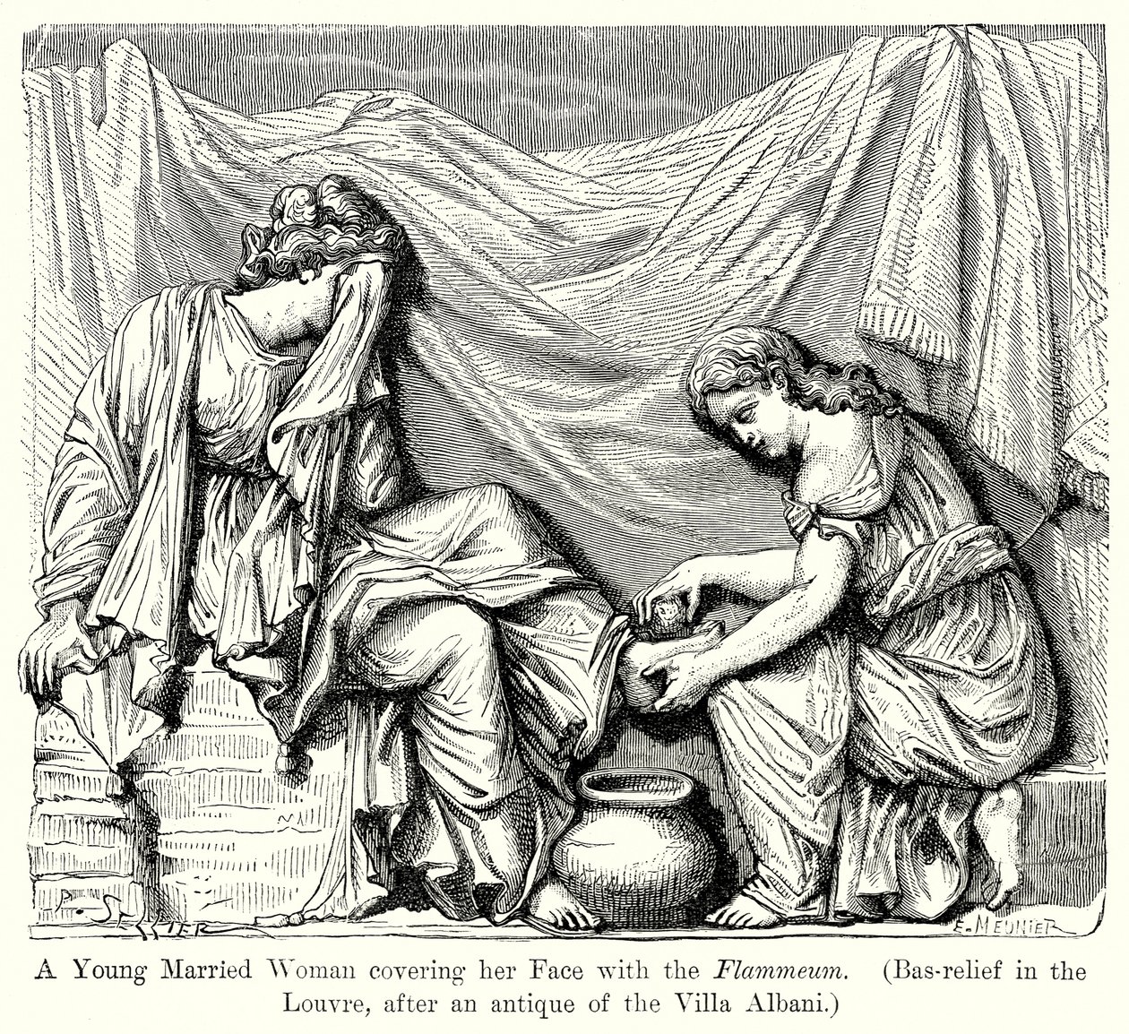 Egy fiatal férjes asszony, aki arcát lángossal borítja be. (Bas-Relief a Louvre-ban...) (metszet) alkotó: English School