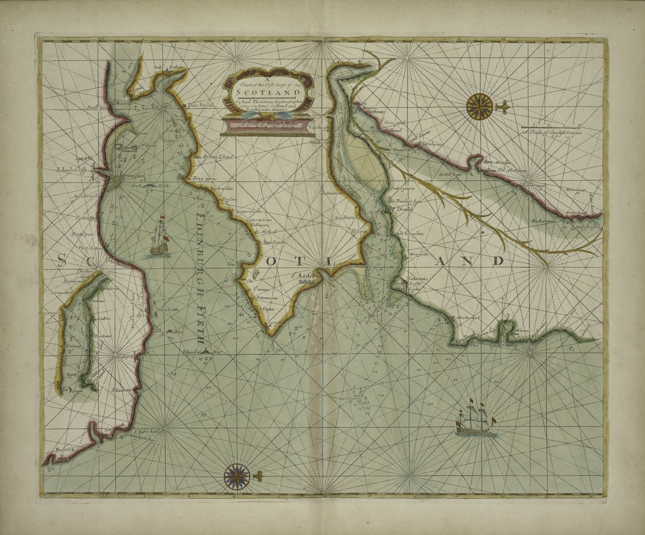 Skócia keleti partjának térképe egy tengeri atlaszból, amely a világ ismert részei legtöbb partvidékének hidrográfiai leírását tartalmazza, Samuel Thornton, 1707 (kézzel színes nyomtatás) alkotó: English School