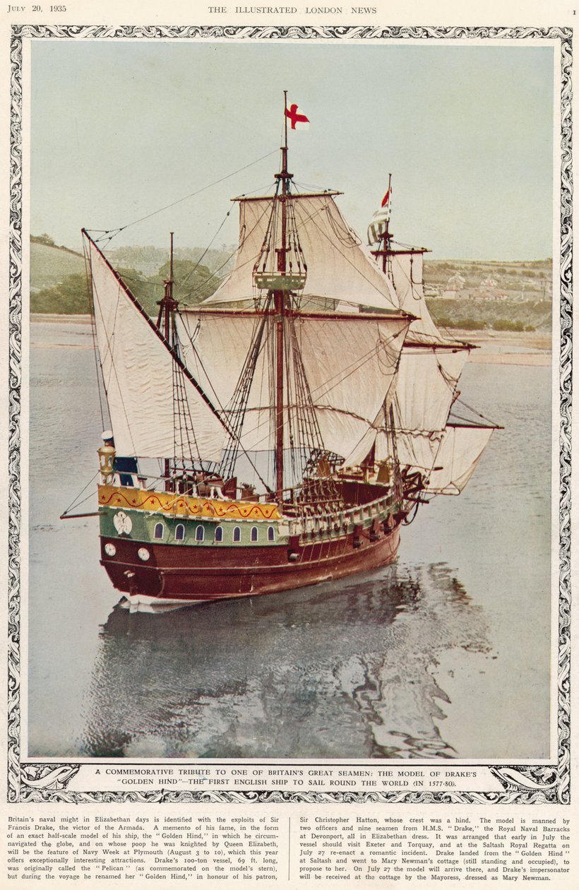 Emlékezetes tisztelgés az egyik nagy brit tengerész előtt: Drakes Golden Hind modellje, az első angol hajó, amely 1577-80-ban körbejárta a világot, a The Illustrated London News Royal Naval és Mi alkotó: English School