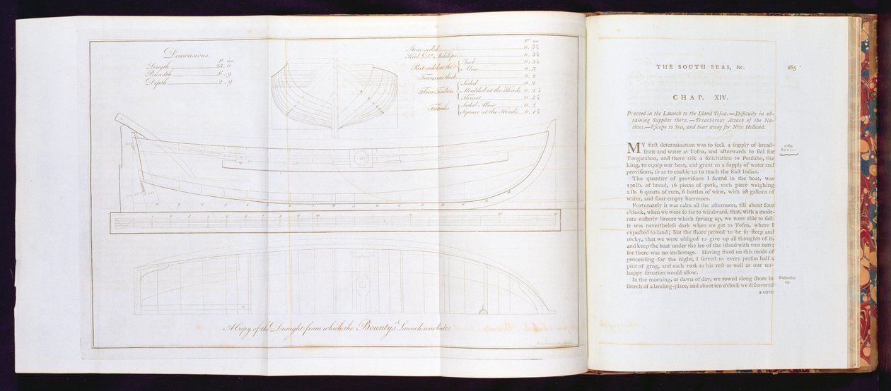 A vázlat másolata, amelyből a The Bountys kilövés készült, az Utazás a Déli-tengerre című könyvből William Bligh (1754-1817), Mackenzie metszett, 1792-ben kiadva (lásd még: 174207, 174209) alkotó: English School