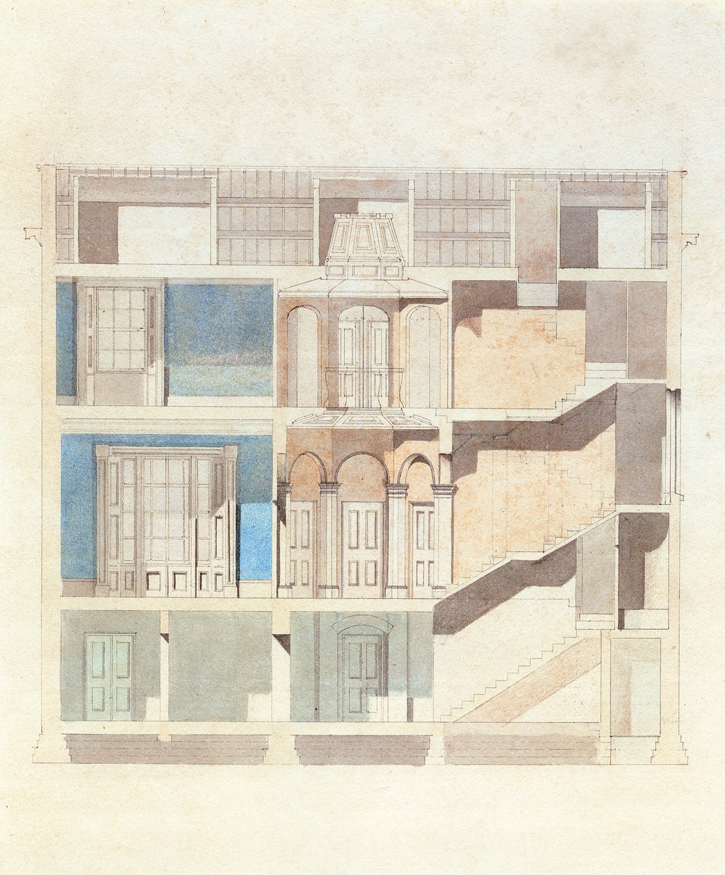Keresztmetszeti kialakítás klasszikus városi házbelsőhöz, 1840 körül (wc tollal és tintával) alkotó: English School