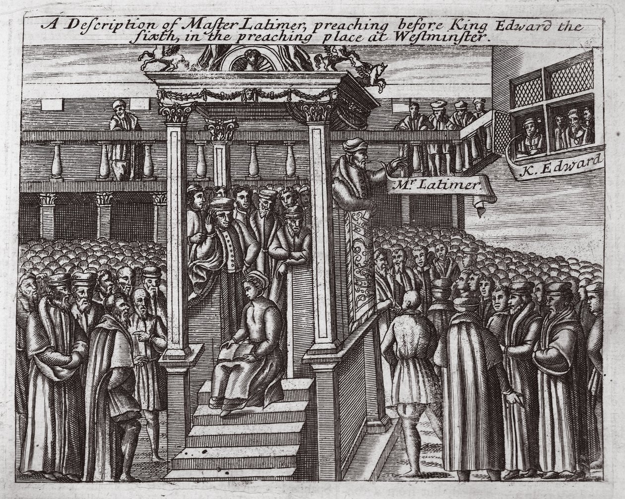 Latimer mester leírása, aki hatodik Edward király előtt prédikált a westminsteri prédikálóhelyen, illusztráció az Acts and Monuments című könyvből, John Foxe, kilencedik kiadás, pub. 1684 alkotó: English School
