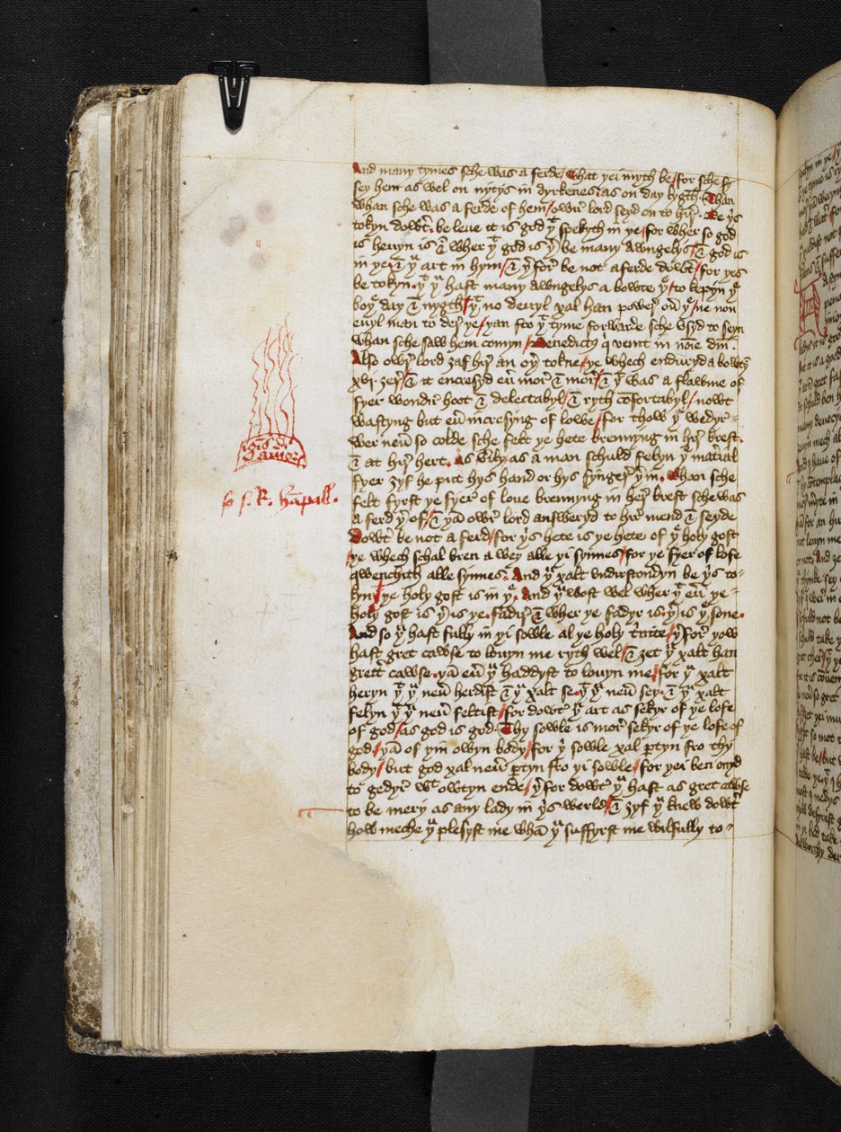 Az "ignis divini amoris"-t ábrázoló láng Margery Kempe könyvéből, Add MS 61823 f.43v, 1445-50 körül (toll és tinta pergamenre). alkotó: English School