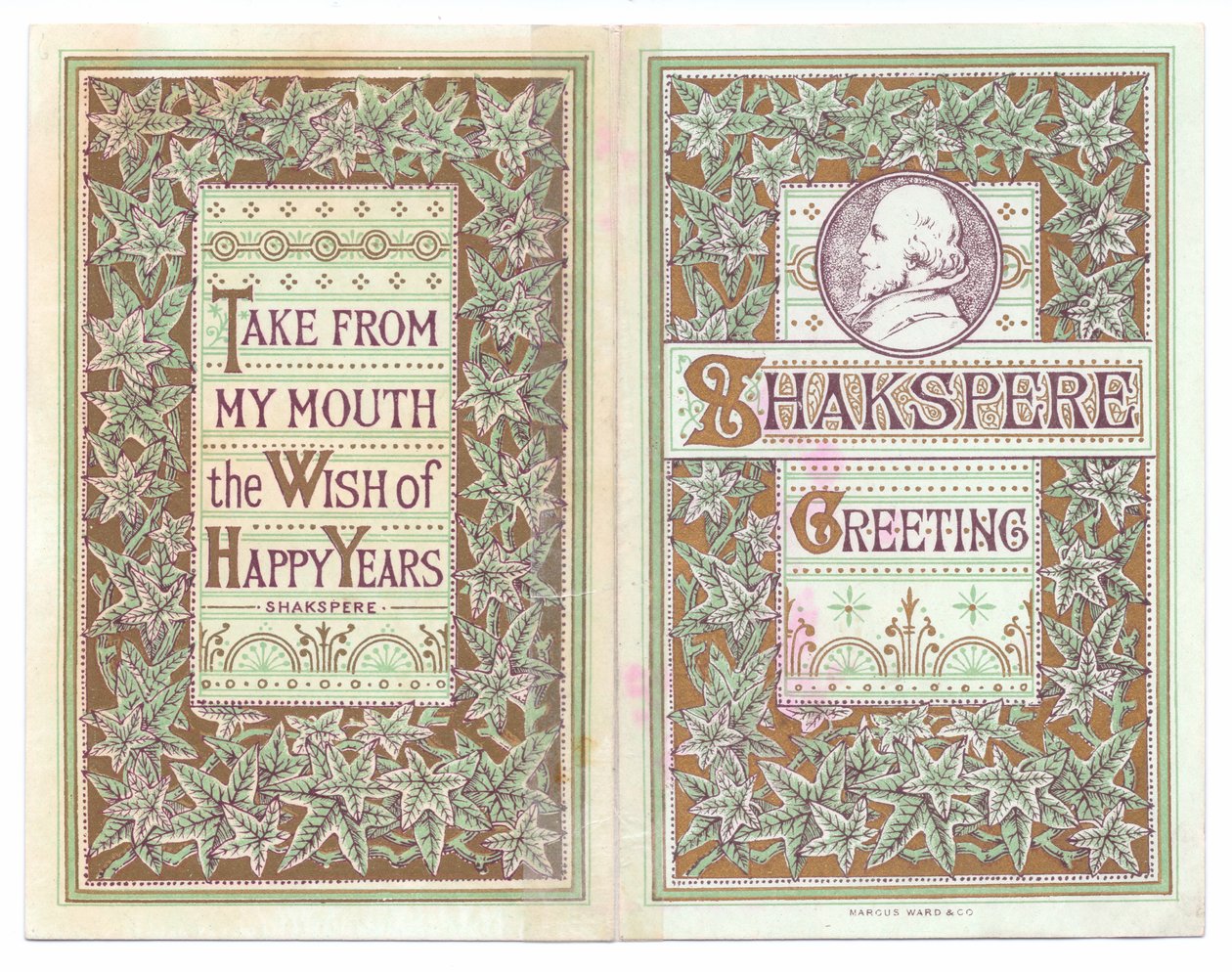 Az elülső és a hátsó borító viktoriánus üdvözlőlapja William Shakespeare képével, 1880 körül (színes litó) alkotó: English School