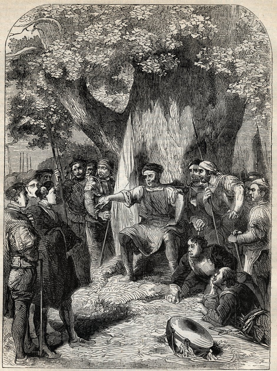 Másként gondolkodók csoportja Norfolkban Robert Kett 1549-es lázadása idején - lázadás Norfolkban, Angliában VI. Edward uralkodása alatt - Ket, a Tímár (1492-1549) Követőit a reformáció tölgye alá vonja - metszet „Anglia történelméből” ” b alkotó: English School