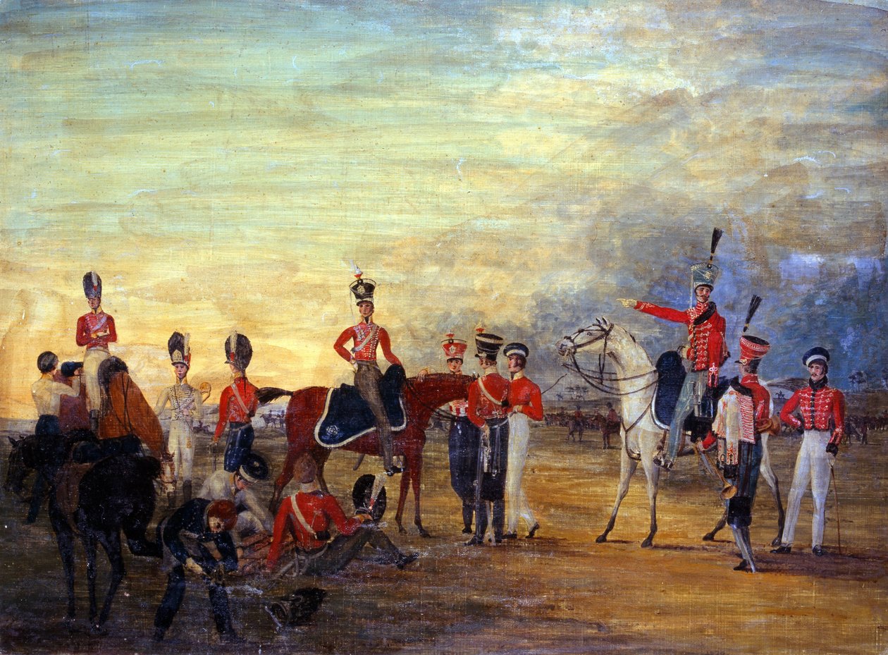 A Yorkshire Yeomanry lovas és lovas tiszteinek és embereinek egy csoportja különféle öltözékben, 1820 körül alkotó: English School