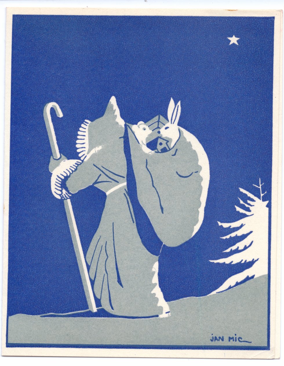 Kézzel színezett francia Pochoir karácsonyi kártya, amelyen a Télapó selyemkabátban, bottal sétál, kezében zsák, benne nyúl és medve, 1920 körül (sablon). alkotó: English School