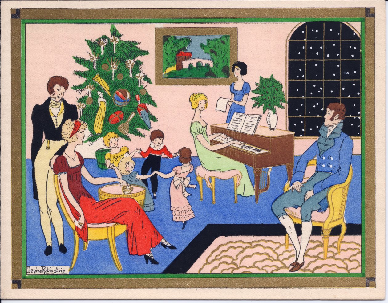 Kézzel színezett francia Pochoir karácsonyi üdvözlőlap egy régensi család karácsonyi partijáról, tánccal és zenés szórakozással, 1920 körül alkotó: English School