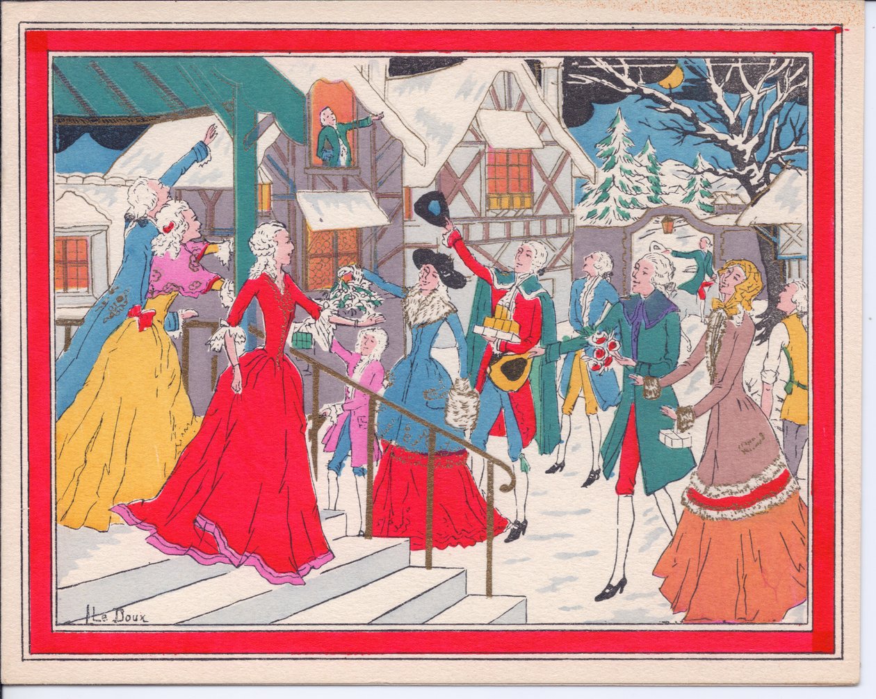 Kézzel színezett francia Pochoir karácsonyi képeslap egy téli jelenetről a Tudor-időkben, 1920 körül alkotó: English School