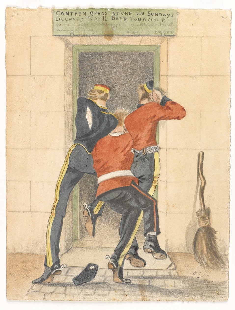 Egy huszár, egy gyalogos és egy dragonyos, levetkőző egyenruhában, egy kantin bejárata felé tülekedett, 1890 körül alkotó: English School