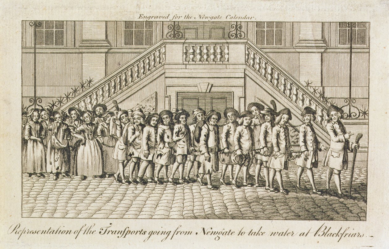 Az Old Bailey állambeli Newgate börtönből láncra vert elítéltek sorát szállítják Blackfriarsbe, 1760 körül alkotó: English School