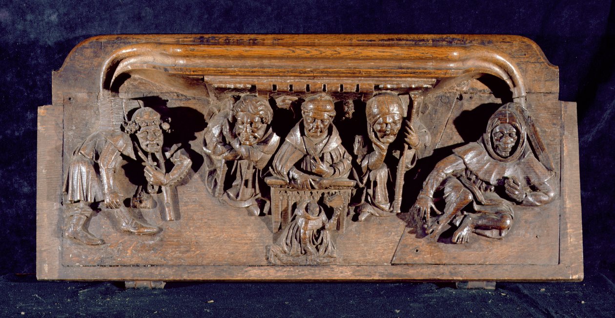 Fénysor, amely egy íróasztalnál ülő akadémikust ábrázol, aki intést mond egy térdelő bűnbánónak, New College Chapel, Oxford, 14. század vége (fa) alkotó: English School
