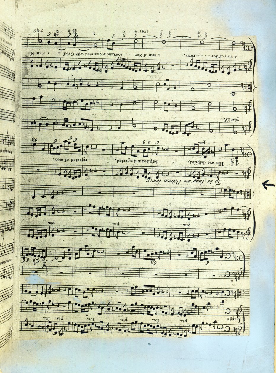Egy oldal a Handel Messiás első londoni nyomatának ismert két példányának egyikéből (nyomtatott papír) alkotó: English School