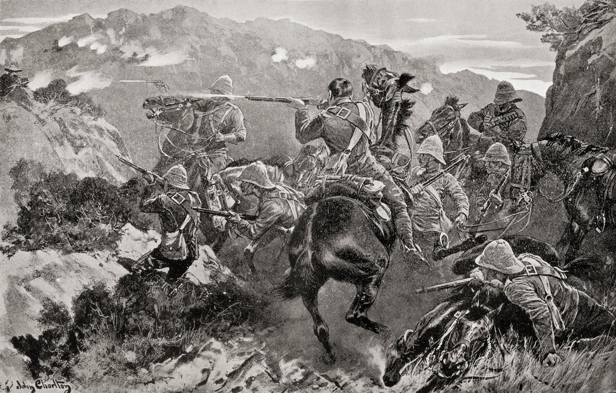 A 13. huszárok pikette a Tugela folyó közelében, a Huszárdomb, KwaZulu-Natal tartományban, a második búr háború idején, Louis Creswicke „Dél-Afrika és a transzvaali háború” című művéből, 1900-ban (litho) alkotó: English School