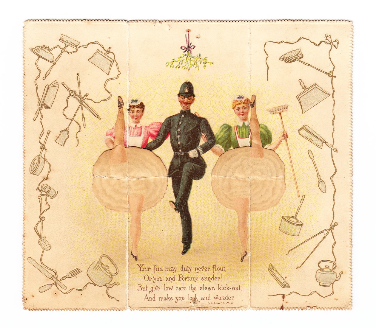 Pop-up kártya egy rendőrrel és két nővel, akik magasrúgást végeznek, 1920 körül (színes litográfia). alkotó: English School