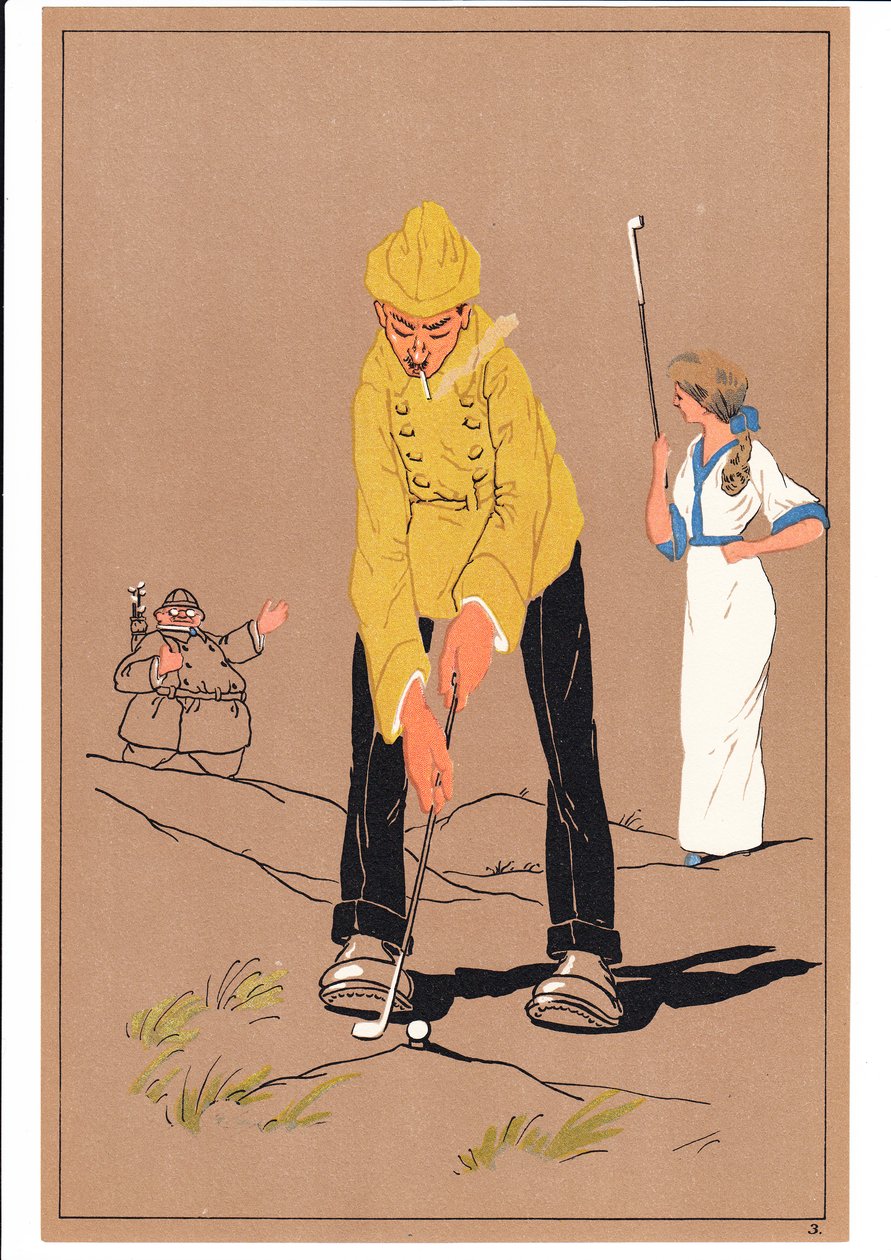 Két golfozó képmása komikus és humoros testtartásban, 1920 körül alkotó: English School