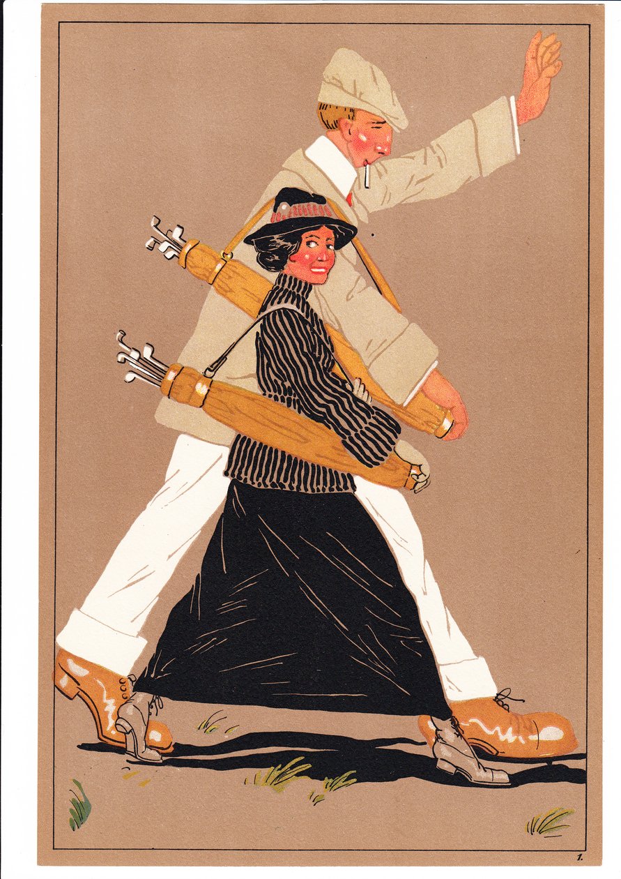 Két golfozó képmása komikus és humoros testtartásban, 1920 körül alkotó: English School