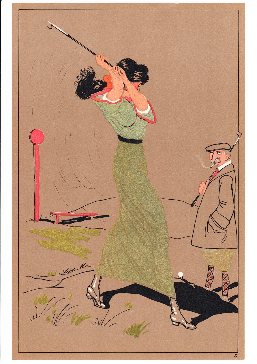 Két golfozó képmása komikus és humoros testtartásban, 1920 körül alkotó: English School