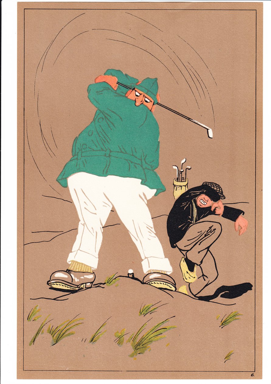 Két golfozó képmása komikus és humoros testtartásban, 1920 körül alkotó: English School
