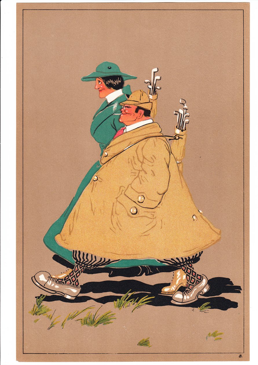 Két golfozó képmása komikus és humoros testtartásban, 1920 körül alkotó: English School