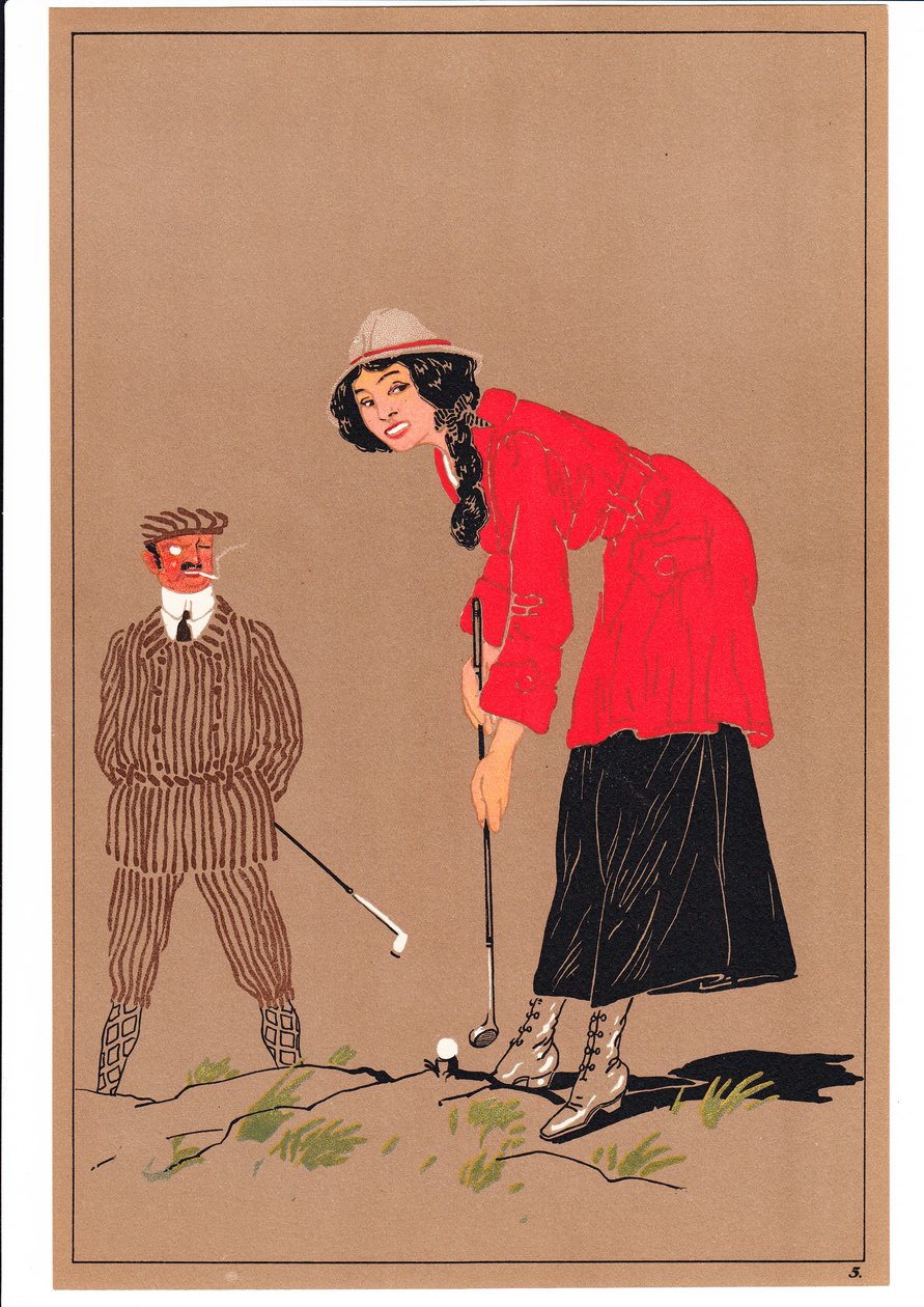Két golfozó képmása komikus és humoros testtartásban, 1920 körül alkotó: English School