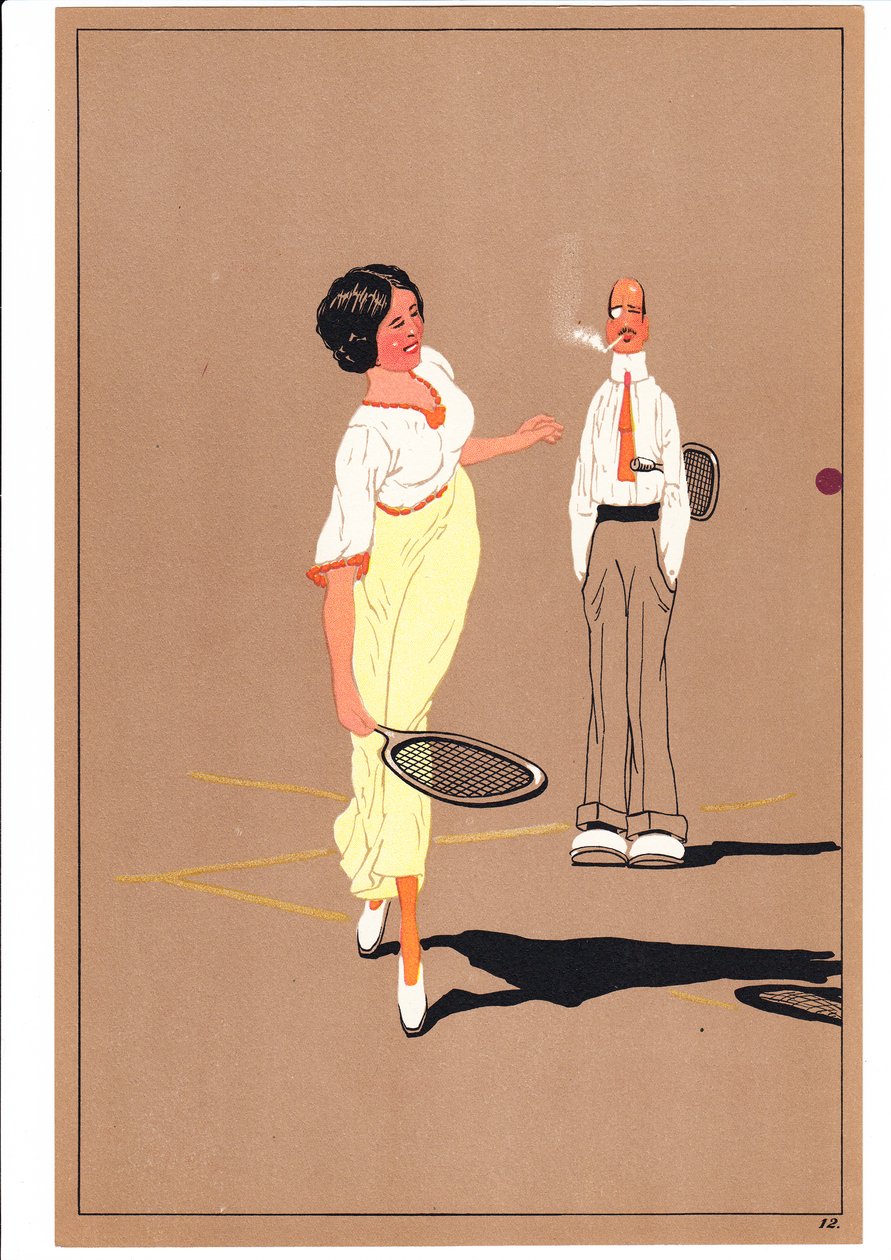 Két teniszező lenyomata komikus és humoros testtartásban, 1920 körül alkotó: English School