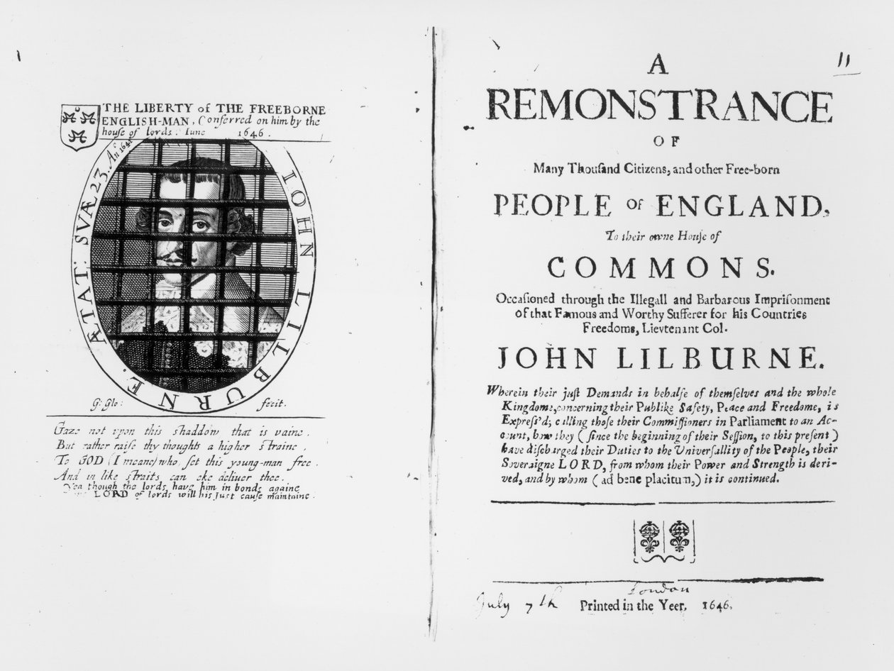 A Levellerek 1646-ban közzétett tiltakozása az alsóházhoz vezetőjük, John Lilburne (kb. 1614-57) bebörtönzésével kapcsolatban alkotó: English School