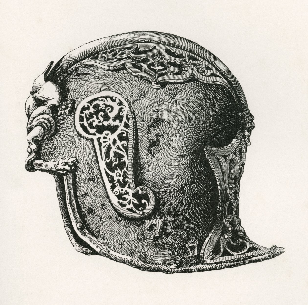 Sallet, más néven salade vagy schaller harci sisak, A.D. 1450, The British Army: Its Origins, Progress and Equipment, 1868-ban megjelent. alkotó: English School