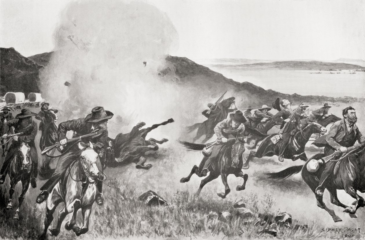 A haditengerészeti brigád lövedéke szétszórja a búrokat a Seven Sisters Kojes mögül a március 7-i akció során. alkotó: English School