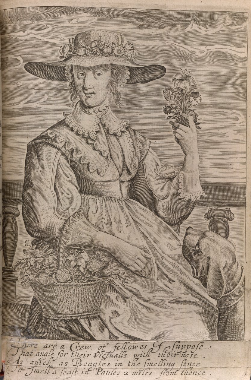 Egy nő virágokkal, illusztrációja Sir John Davies: „A munka senkinek, csak angyaloknak és férfiaknak” című művéből, 1653-ban nyomtatva (litho) alkotó: English School