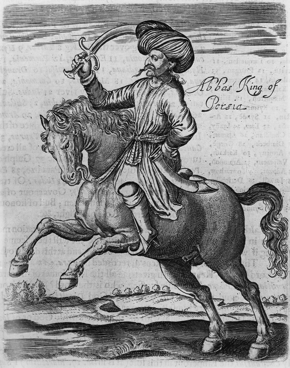 Abbász perzsa király, illusztrációja Sir Thomas Herbert „Néhány év utazás Afrikába és Ázsiába” című művéből, 1634 (metszet) alkotó: English School