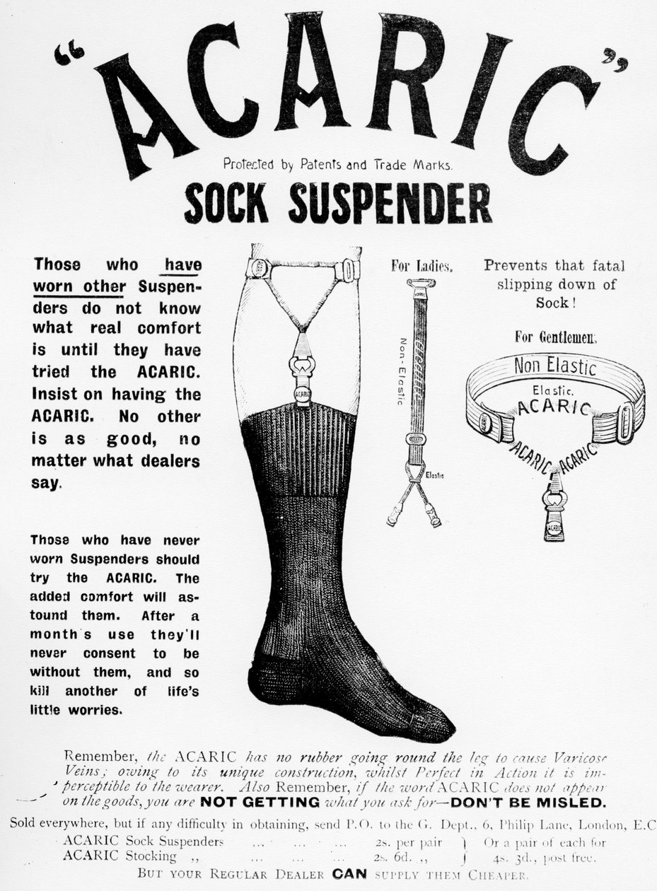 Acaric Sock Supender reklám, 1898 alkotó: English School