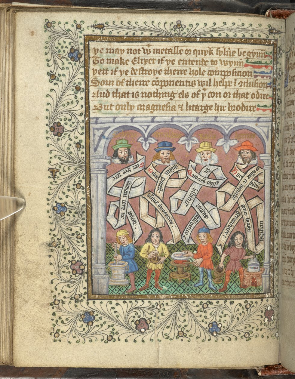 Add hozzá 10302 fol.32v Geber alkimisták (i.sz. 800 vagy 900), Arnold of Villanova, Rhasis és Hermes Trismegistus, Thomas Norton „The Ordinal of Alchemy” című művéből, 1477 körül (vellum) alkotó: English School
