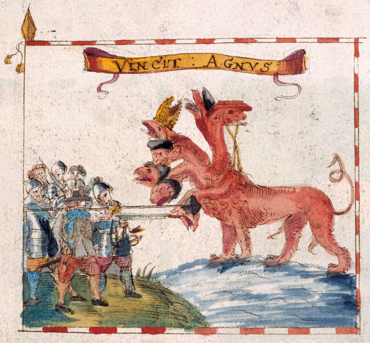Hozzáadás. 12447, f.23v Parlamenti katonák megtámadják az Apokalipszis vadállatát, a „Parlamenti parancsnokok transzparenseiről” (toll és tinta akvarellel papíron) alkotó: English School