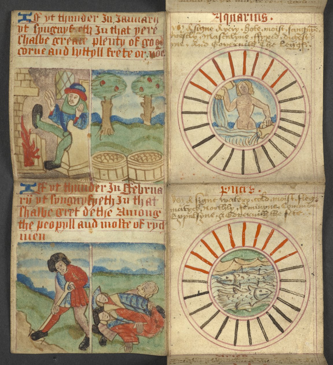 Hozzáadás. 17367, f.3r Aquarius & Pisces, az Almanachból, amely dominikus betűket és arany számokat tartalmaz; útmutatás a mozgatható lakomák megtalálásához; szentek naptára, korszakok, angol uralkodók listája, időjárás előrejelzések, jelek hatása alkotó: English School